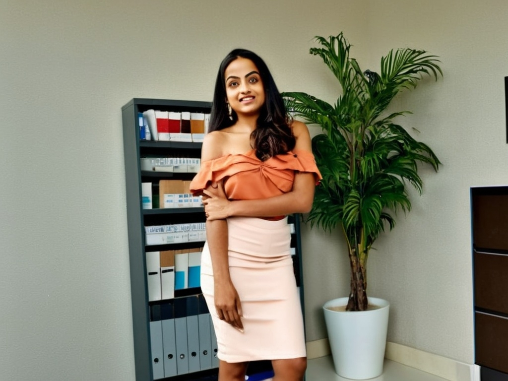 Prompt: Tall young indian woman in Western attire bending and a mini skirt with a deep v blouse bending to pick a file in an office while portraying elegance and charisma with her presence and turning a few heads.Let her wear an light peach dress off shoulder with arms visible