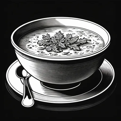 Prompt: A black and white illustration of a bowl of soup in the style of an etching.