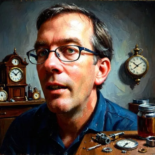 Prompt: Man. Sitting at wooden desk. Clock parts. Watch parts. Fixing clocks. Dark lighting.