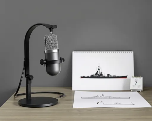 Prompt: Podcast Microphone on wooden desk,gray wall background,minimal elements ,bright,a drawing of warship on paper on desk,digital calender of 7th ,warship small statue on desk,