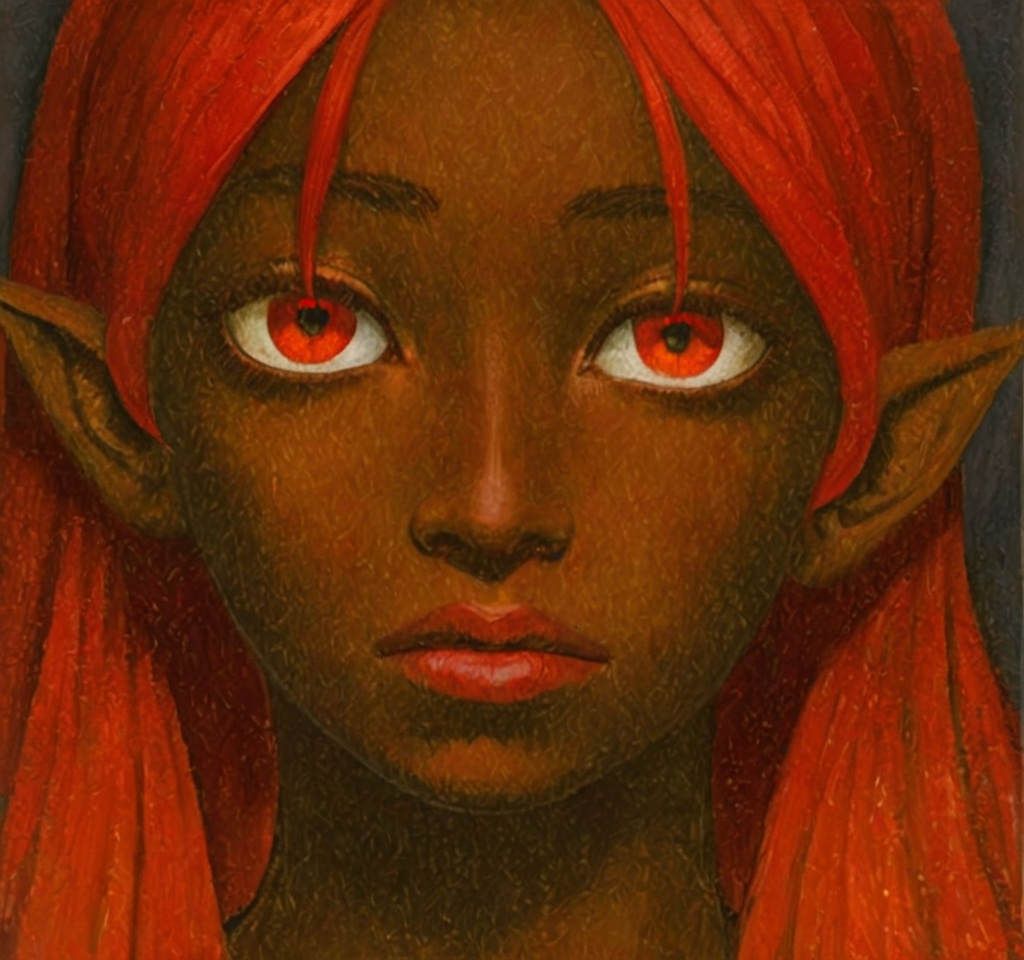 Prompt: Traditional authentic medieval oil painting of a young woman with large red downturned-shaped eyes, straight crimson red hair, very dark skin, full lips, short pointed ears, realistic, full brows, round face