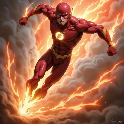 Prompt: create an image of the flash in a tense, action-packed scene, with explosive energy and bold dynamic composition, in the style of Ross Tran