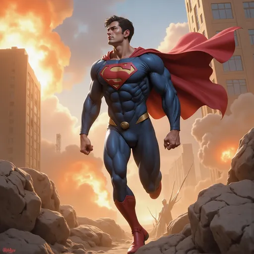 Prompt: create an image of superman in a tense, action-packed scene, with explosive energy and bold dynamic composition, in the style of Ross Tran