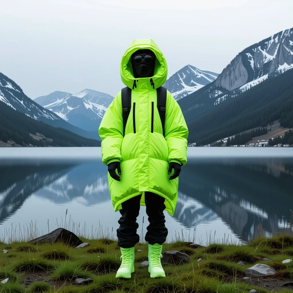 Prompt: futuristic neon green oversized puffer coat with huge hood. the shape is asymetric. the jacket ends at the ankle. model is standing in the nature with lake and mountains in the background