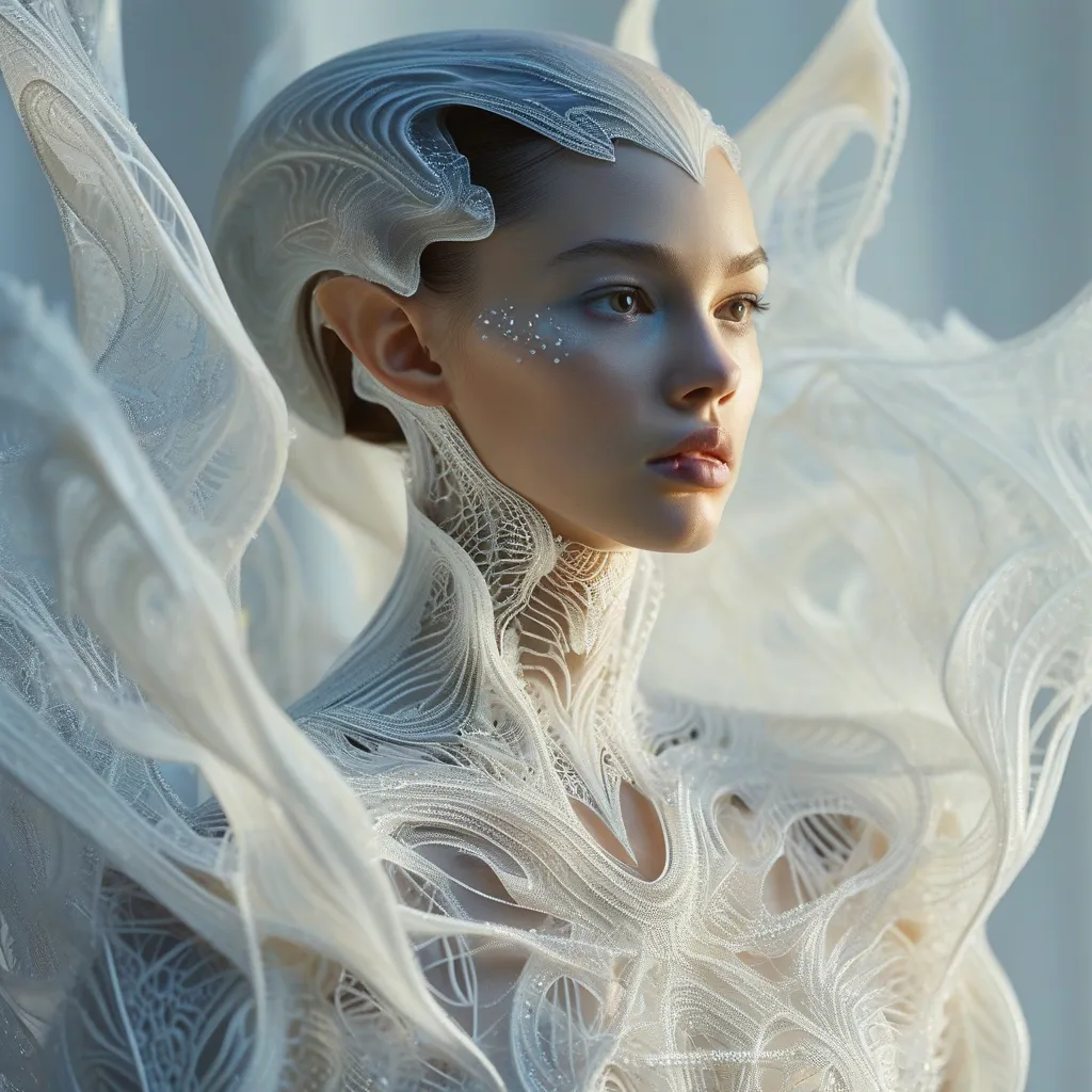 Prompt: full body portrait of a beautiful alien model, intricate filigree crystal dress in the style of Iris van Herpen, luminous lighting, ethereal backdrop, symmetrical composition, light white and dark blue, studio photography, hyper realistic, ultra detailed, hyper real --ar 4:5 --s 250