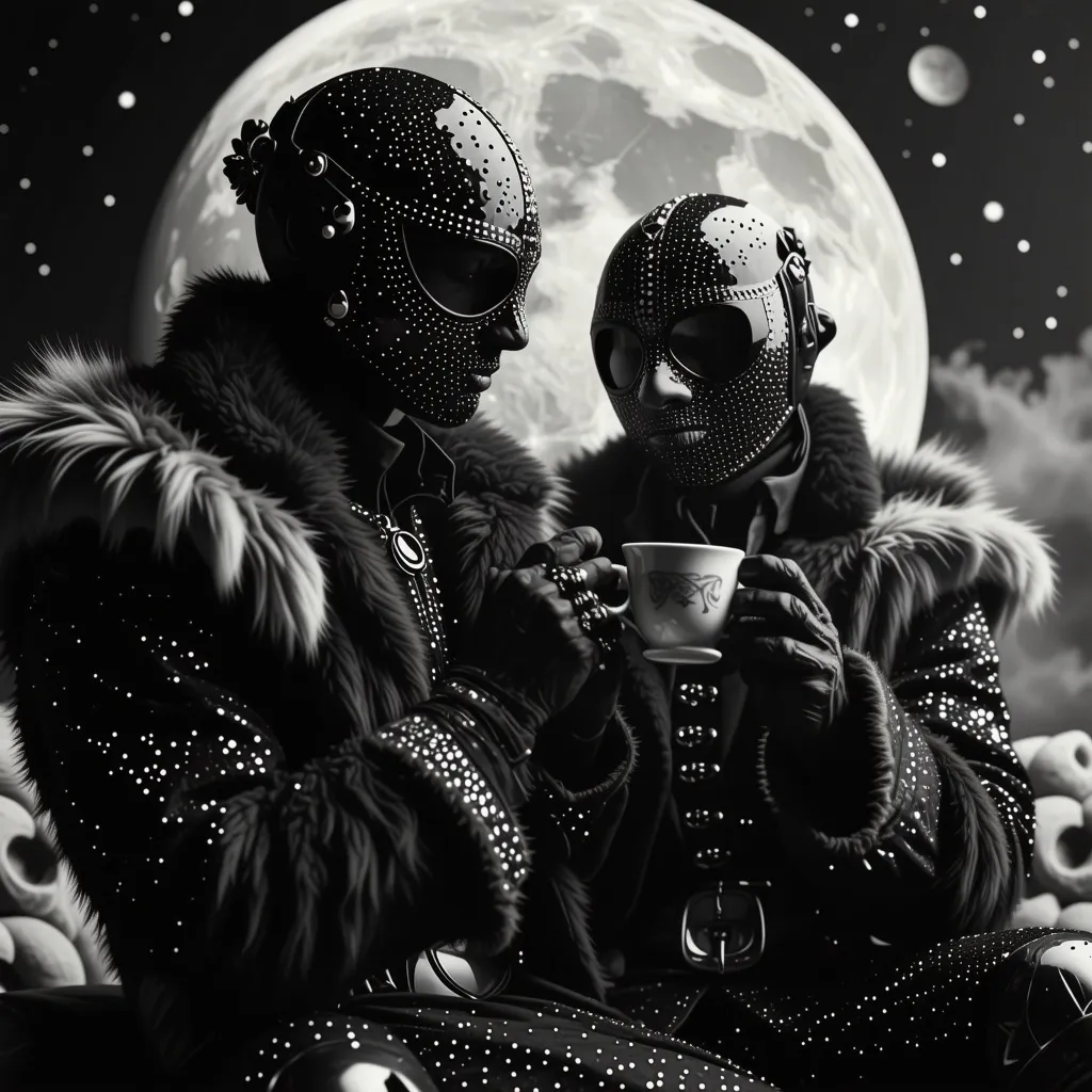 Prompt: masked luchadores dressed sparkly fur  suit, drinking tea  on the moon 