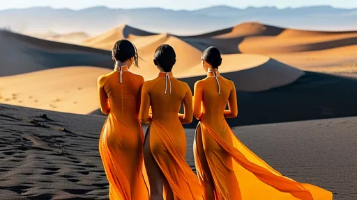 Prompt: women in orange lightweight long dresses, long sleeves, turtleneck. The train of the dress flutters high around in the wind. Figures stand in the background and close together. They stand in the desert where the sand dunes are, the sand is black. They stand with their backs turned and the detail is particular to the fluttering dress. The mood is darker. Wide-angle. 