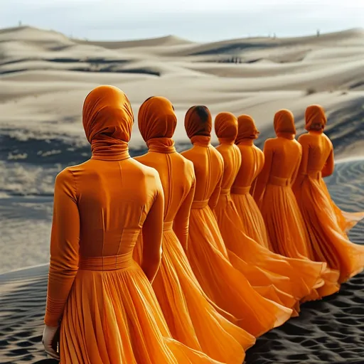 Prompt: women in orange lightweight long dresses, long sleeves, turtleneck. The train of the dress flutters high around in the wind. Figures stand in the background and close together. They stand in the desert where the sand dunes are, the sand is black. They stand with their backs turned and the detail is particular to the fluttering dress. The mood is darker.