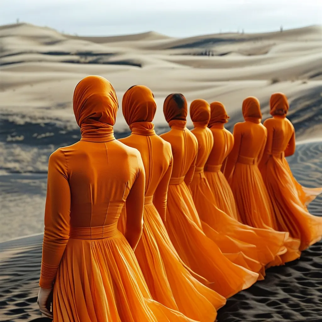 Prompt: women in orange lightweight long dresses, long sleeves, turtleneck. The train of the dress flutters high around in the wind. Figures stand in the background and close together. They stand in the desert where the sand dunes are, the sand is black. They stand with their backs turned and the detail is particular to the fluttering dress. The mood is darker.