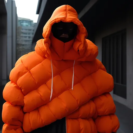 Prompt: Orange wide Long Oversized giant sci-fi puffer futurism shoulders giant hood, diamond head hood