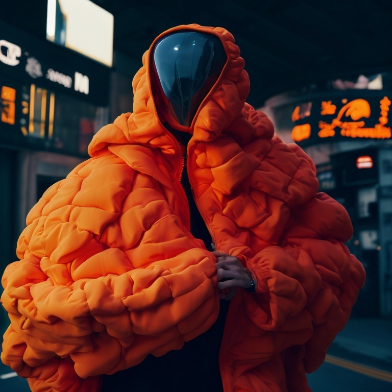 Prompt: Orange wide Long Oversized giant sci-fi puffer futurism shoulders giant hood, diamond head hood