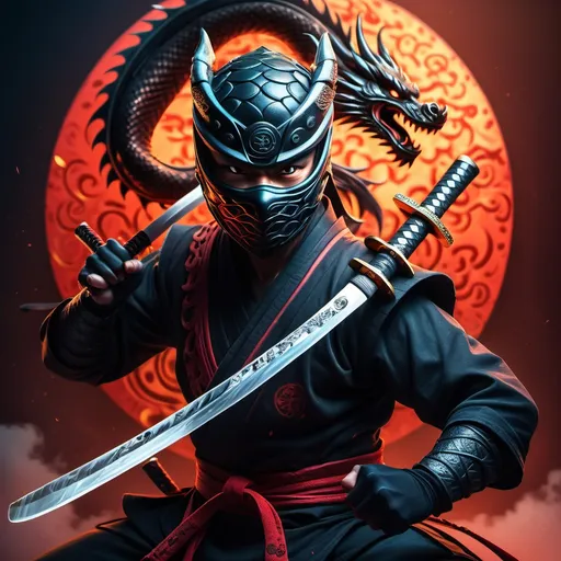 Prompt: (Ninja dragon warrior), wielding a (sick-looking katana), poised for action, with intricate scales and menacing expression, set against a vibrant (yin-yang background), symbolizing balance and duality. Dynamic poses, glowing energy radiating from the katana, dramatic lighting, cinematic colors creating a striking ambiance, ultra-detailed, HD.