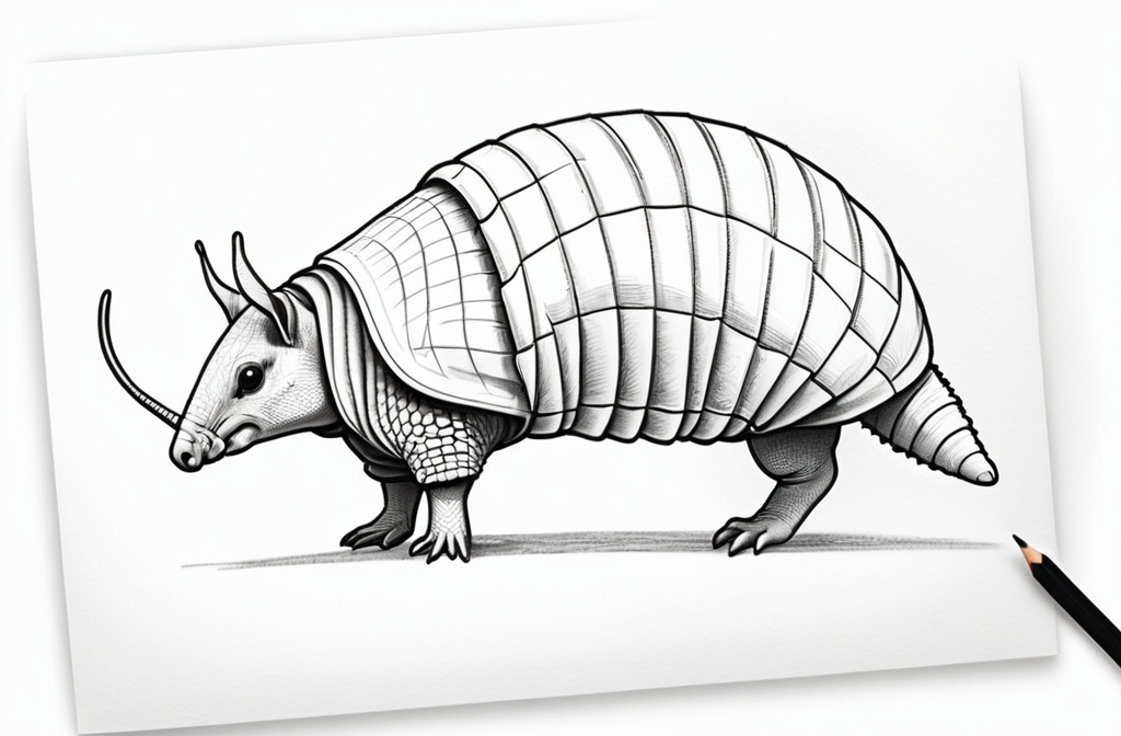 Prompt: I need some 9 banded armadillo sketches with them looking in different directions at different angles. I want black and white lined drawings. No color or fine details. 