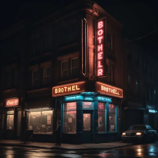 Prompt: (building with a brothel sign), (urban setting), nighttime scene, ambient lighting highlighting the sign, moody atmosphere, vintage architecture, neon lights casting a soft glow, bustling street with faint silhouettes of passersby, intriguing details in the windows, high quality, ultra-detailed, cinematic vibes.