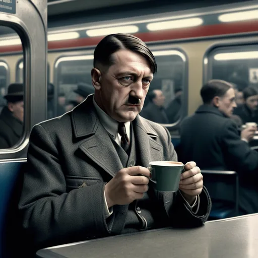 Prompt: (candid scene) Adolf Hitler sipping coffee, (unsettling, ironic ambiance), (swedish subway setting), cool-toned hues, dim lighting, reflected seats, transit posters in the background, thoughtful expression, vintage style, high detail, wearing a dark coat, stark contrasts, immersive realism, character interaction with surroundings, urban vibe, (4K ultra-detailed).