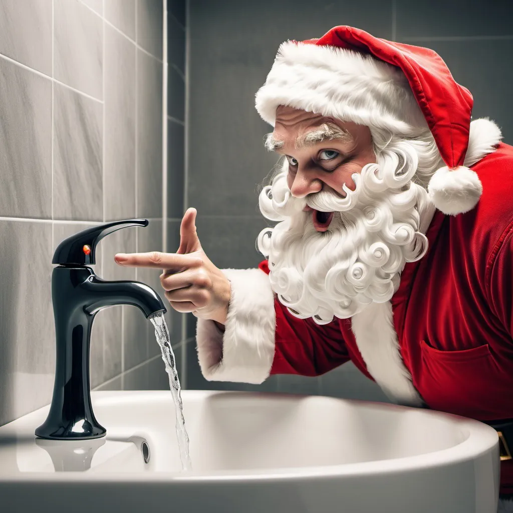 Prompt: santa tapping his finger on a big bathroom tap
