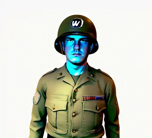 Prompt: Following depiction of a (United States WWII soldier), wearing a blank uniform with a sturdy helmet, standing proud; atmospheric, nostalgic mood, soft diffused lighting creating depth, surrounded by a blurred war scene in the background; (highly detailed textures) on the uniform and gear; (4K) quality for enhanced realism and immersion.