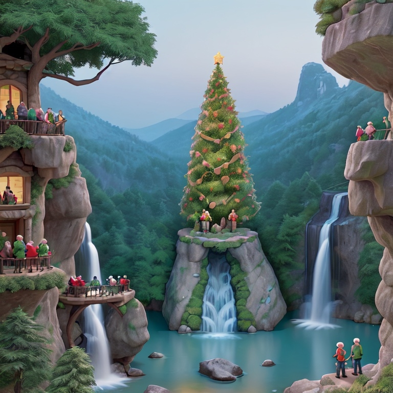 Prompt: The picture should show a beautiful landscape. Rocks, trees, waterfall. A family, mom, dad, and 2 boys, are doing a via ferrata during Christmas. At least there is a Christmas tree in the picture.