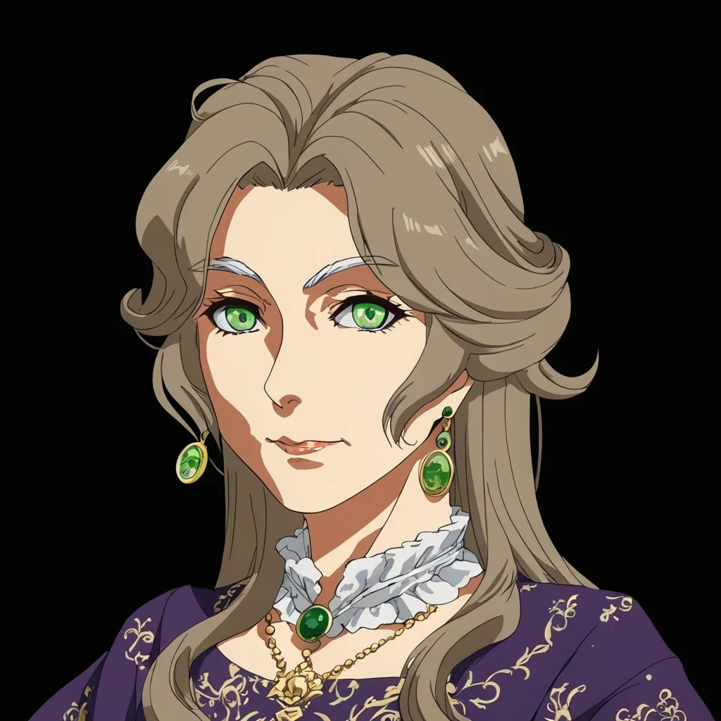 Prompt: wealthy old anime woman with green eyes and long ashy hair