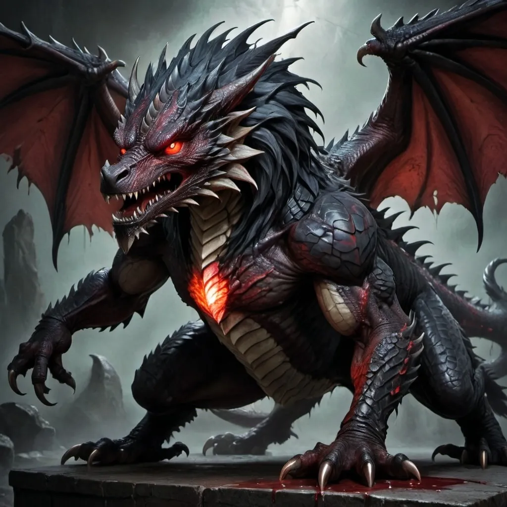 Prompt: a hybrid of a werewolf a griffon a dragon and a basilisk  with glowing red eyes and has blood stains and has energy elemental powers.