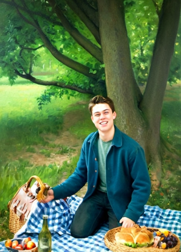 Prompt: Portrait of a young man having a picnic in the style of Camille Pissarro