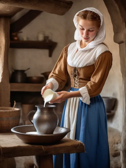 Prompt: A medieval peasant pours milk from a pitcher into a bowl. She wears a blue skirt, white blouse and tan boddice. Her hair is covered by a white kerchief. Medieval fantasy setting. (Blur background)