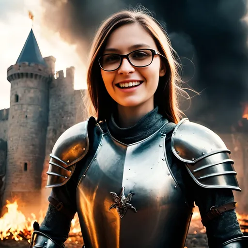 Prompt: a young and beautiful medieval woman knight wearing full armour and wielding a broadsword is standing in a midst of a battle with burning castle in the background, medieval battle, war, carnage, medieval atmosphere, photorealistic