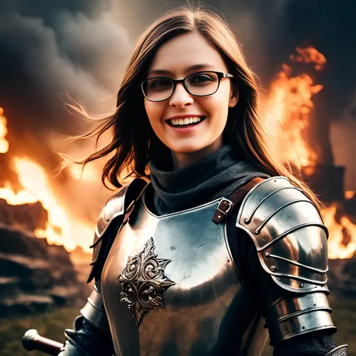 Prompt: (young and beautiful medieval woman knight), (full armor), carrying a broadsword behind her back, amidst a fierce battle, (burning castle in the background), dramatic flames, intense smoke, medieval war chaos, vivid details, (photorealistic), high emotions, cinematic lighting, deep shadows, dynamic composition, historical accuracy, intricate armor detailing, captivating atmosphere, sense of bravery and valor, (4K quality).