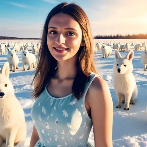 Prompt: a young and beautiful girl wearing a lovely short summer dress is standing on a snow covered meadow surrounded by white rabbits, polar foxes, and polar bears, sunny day, happy atmosphere, photorealistic