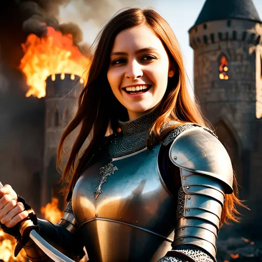 Prompt: a young and beautiful medieval woman knight wearing full armour and wielding a broadsword is standing in a midst of a battle with burning castle in the background, medieval battle, war, carnage, medieval atmosphere, photorealistic