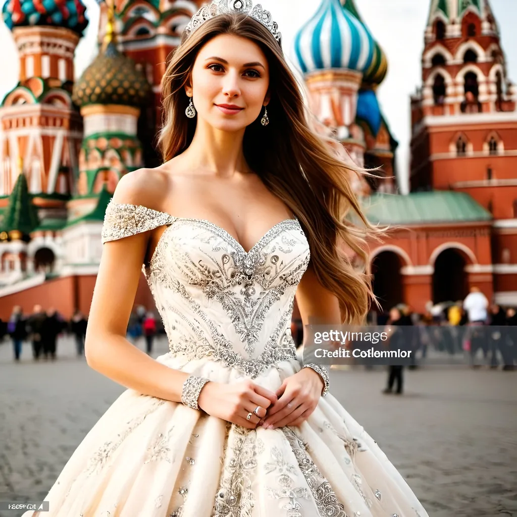 Prompt: a young and beautiful Russian princess is standing on the Red Square in Moscow, in front of St. Basil's cathedral, wearing an expensive dress and jewelry, diamond tiara, sunny day, happy atmosphere