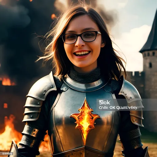 Prompt: (young and beautiful medieval woman knight), (full armor), wielding a broadsword, amidst a fierce battle, (burning castle in the background), dramatic flames, intense smoke, medieval war chaos, vivid details, (photorealistic), high emotions, cinematic lighting, deep shadows, dynamic composition, historical accuracy, intricate armor detailing, captivating atmosphere, sense of bravery and valor, (4K quality).