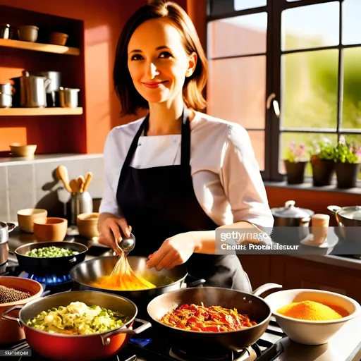 Prompt: (photorealistic) young and beautiful female master chef, cooking delicious meal in a steaming pot, vibrant culinary scene, surrounded by various pots, pans, and spices, colorful and organized kitchenware, (sunny day) light filtering through windows, cheerful and happy atmosphere, warm and inviting color tones, ultra-detailed, showcasing the essence of a bustling hotel kitchen.