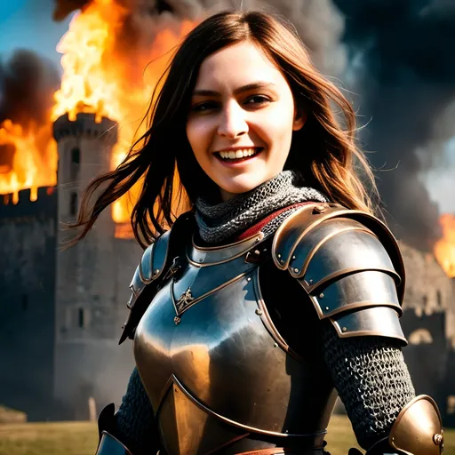 Prompt: (young and beautiful medieval woman knight), (full armor), carrying a broadsword behind her back, amidst a fierce battle, (burning castle in the background), dramatic flames, intense smoke, medieval war chaos, vivid details, (photorealistic), high emotions, cinematic lighting, deep shadows, dynamic composition, historical accuracy, intricate armor detailing, captivating atmosphere, sense of bravery and valor, (4K quality).