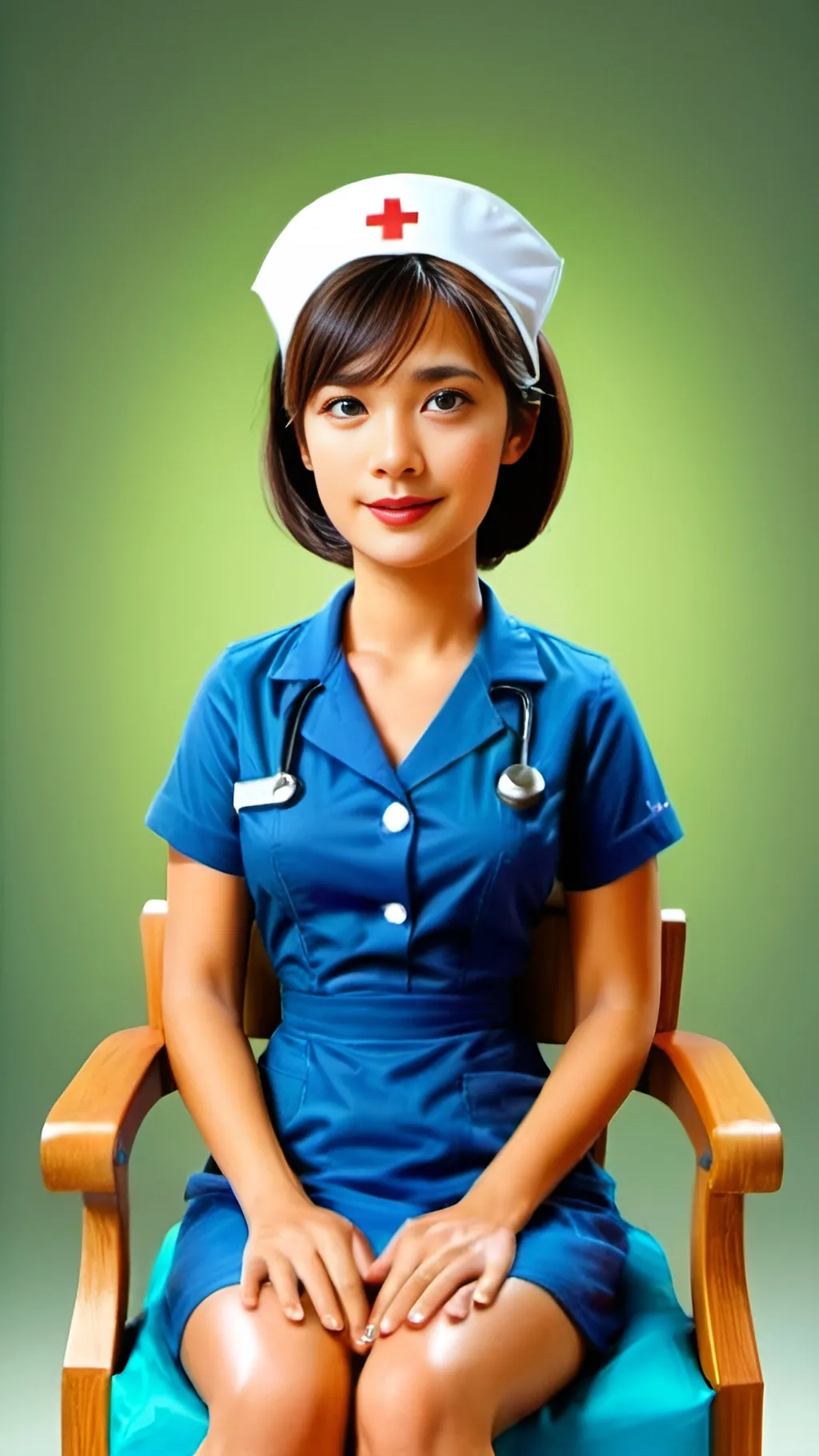 Prompt: a woman wearing a nurse uniform and a French twist hairstyle, sitting in a chair, sumatraism, action, a picture