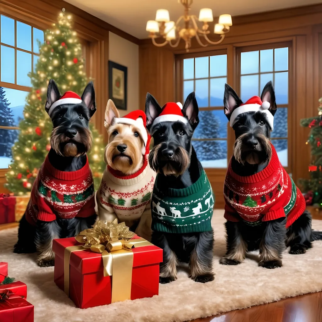 Prompt: 3 Scottish Terriers 2 are black color 1 is golden color all wearing Christmas sweaters and hats they are in a beautiful Christmas decorated house in Seattle, Washington opening Christmas presents under a beautiful Christmas tree the house has a large window very photorealistic very cinematic lighting 