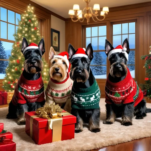 Prompt: 3 Scottish Terriers 2 are black color 1 is golden color all wearing Christmas sweaters and hats they are in a beautiful Christmas decorated house in Seattle, Washington opening Christmas presents under a beautiful Christmas tree the house has a large window very photorealistic very cinematic lighting 