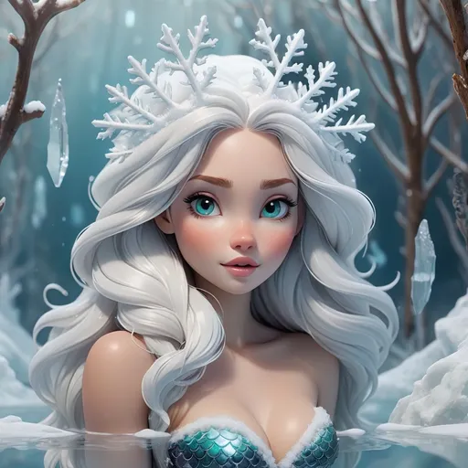 Prompt: Winter mermaid in a magical icy landscape, (mesmerizing glittering snowflakes) drifting gracefully through crystal-clear waters. A majestic snow bear emerges from a serene backdrop of glistening ice formations and frost-laden trees. Soft, (cool tones) dominate the scene, evoking a tranquil winter ambiance. The atmosphere is both enchanting and serene, capturing the ethereal beauty of an underwater winter wonderland. (Ultra-detailed, 4K, high-quality).