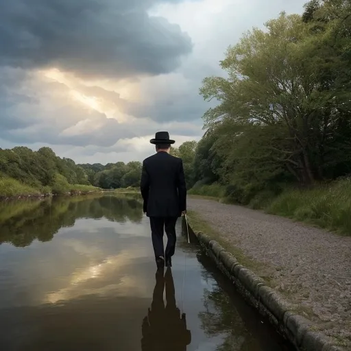 Prompt: 68-year-old man wearing a black suit and a classing black hat, walking with a Fox Terrier a long a scenic, flat landscape with prominent focus on a river. The environment is tranquil, featuring lush green fields and gentle riverbanks. The man appears calm and reflective as he strolls near the sparkling river. The Fox Terrier is lively, walking close to him. The lightning captures the soft glow of a sunny day, with realistic reflections on the water and vibrant natural colors. HD rendering, realistic textures, and a serene atmosphere.