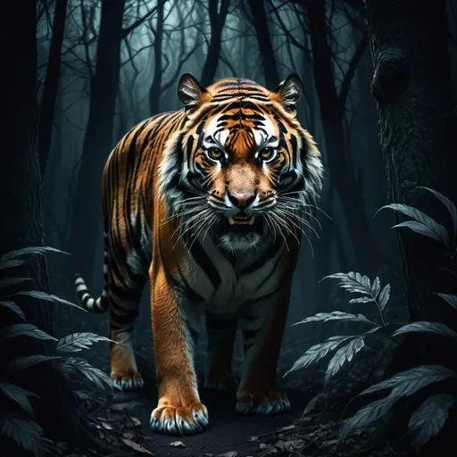 Prompt: un tigre dans une foret sombre avec un regard terrifiant un peu dans le noir