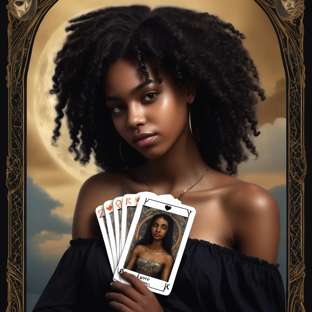 Prompt: photo realistic take on tarot card. The Lover, an ebonian young woman,.