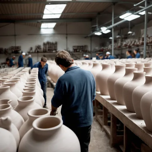 Prompt: Hombre de espaldas observando a jóvenes trabajando en fábrica de cerámica