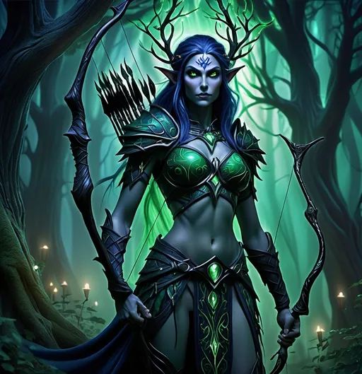 Prompt: (tall night elf), standing majestically over the ancient trees, enchanting (magical forest) backdrop, wielding a bow and arrows, (green glowing eyes), dark fantasy art style, deep shades of midnight blue and emerald green, shadowy details, ethereal mist weaving through branches, (dramatic lighting) illuminating the elf, (highly detailed), captivating atmosphere of mystery and magic.