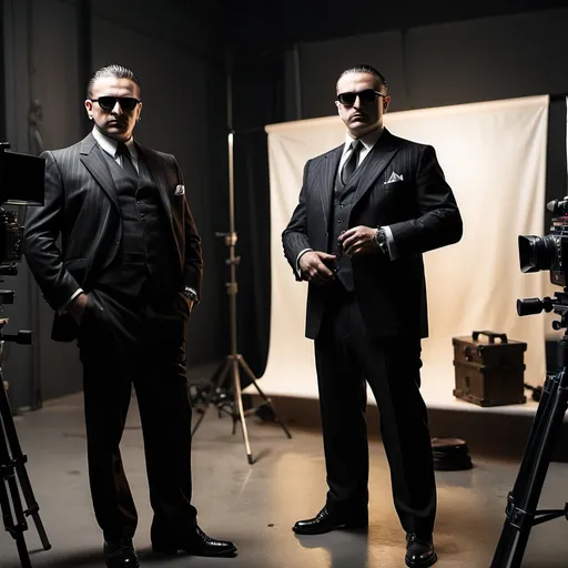 Prompt: two mafia dons standing with filming setup