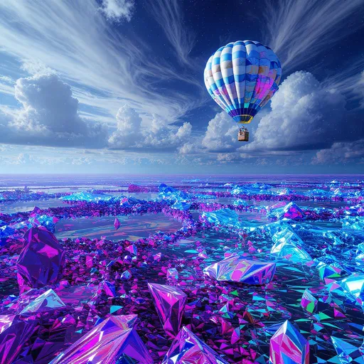 Prompt: A seascape made entirely of colored liquid crystal kaleidoscopic elements, fractured sky and fractured water patterns, hot air balloon,Brilliant, Bright, captivating, mysterious, intricate details, HDR, beautifully shot, hyperrealistic, sharp focus, 64 megapixels, perfect composition, high contrast, cinematic, atmospheric, moody, stunning 256k UHD realism