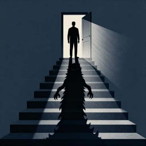 Prompt: create an icon for the monster upstairs, should be a shadow of a dark person outline with a shadow behind him and seeing the stairs going up to him at the top of the stairs with the door open and some light filtering in in the background, have the shadow be a monster