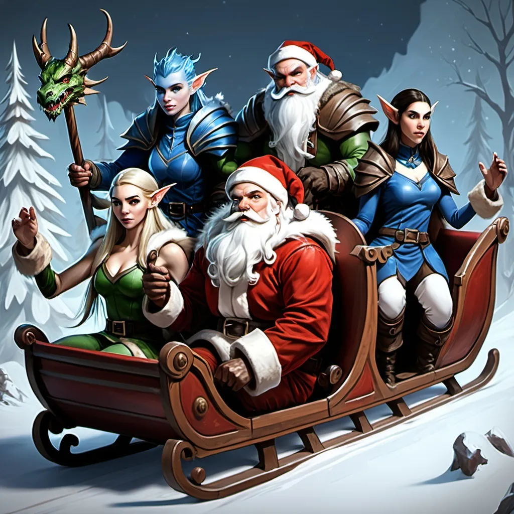 Prompt: a male human, two female elves, a male blue dragonborn and a female Goliath riding Santa Claus sled.