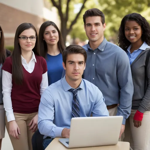 Prompt: I.T. Specialist assisting teachers and students with technology issues on a college campus wearing business casual apparel. Everyone is good looking with normal eyes.