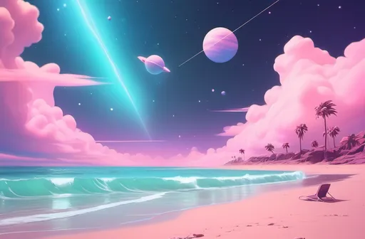 Prompt: A surreal scene with beach , space sky lofi art style