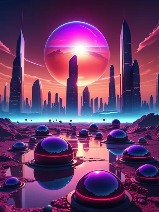 Prompt: (4K), stunning rocky ground, (blue and red sky) beautifully blending, semi-transparent purple orbs floating gracefully, a vibrant cyber city in the background, hovering cars in motion, breathtaking sunset casting an ethereal glow, a magnificent planet with rings near the horizon, overall atmosphere evoking wonder and futuristic charm, ultra-detailed, dramatic lighting.